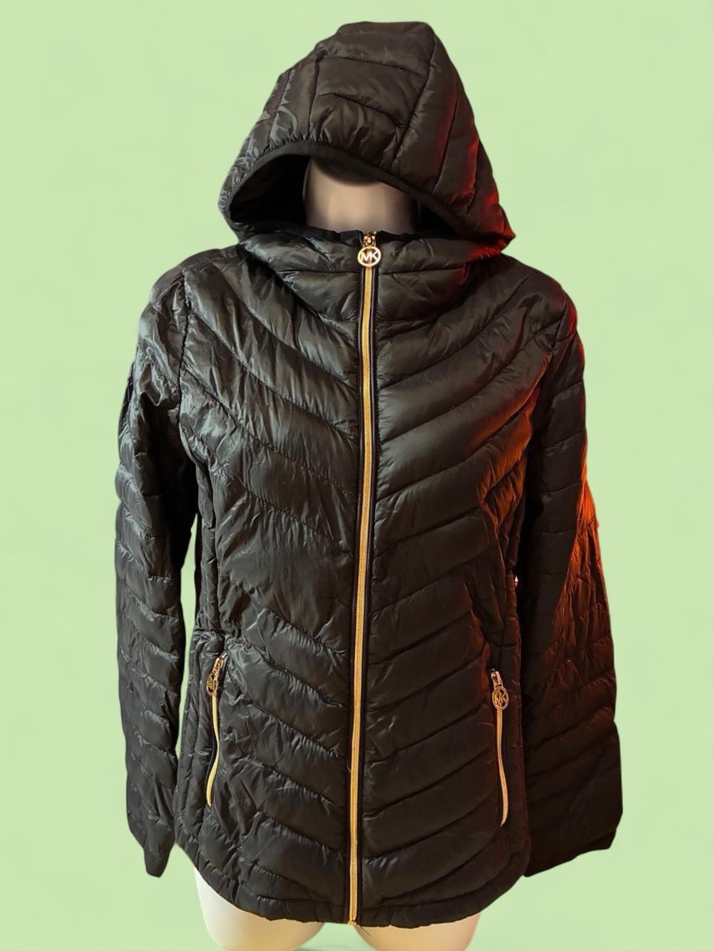 Michael Kors Black Quilted Hooded Puffer with Gold Hardware
